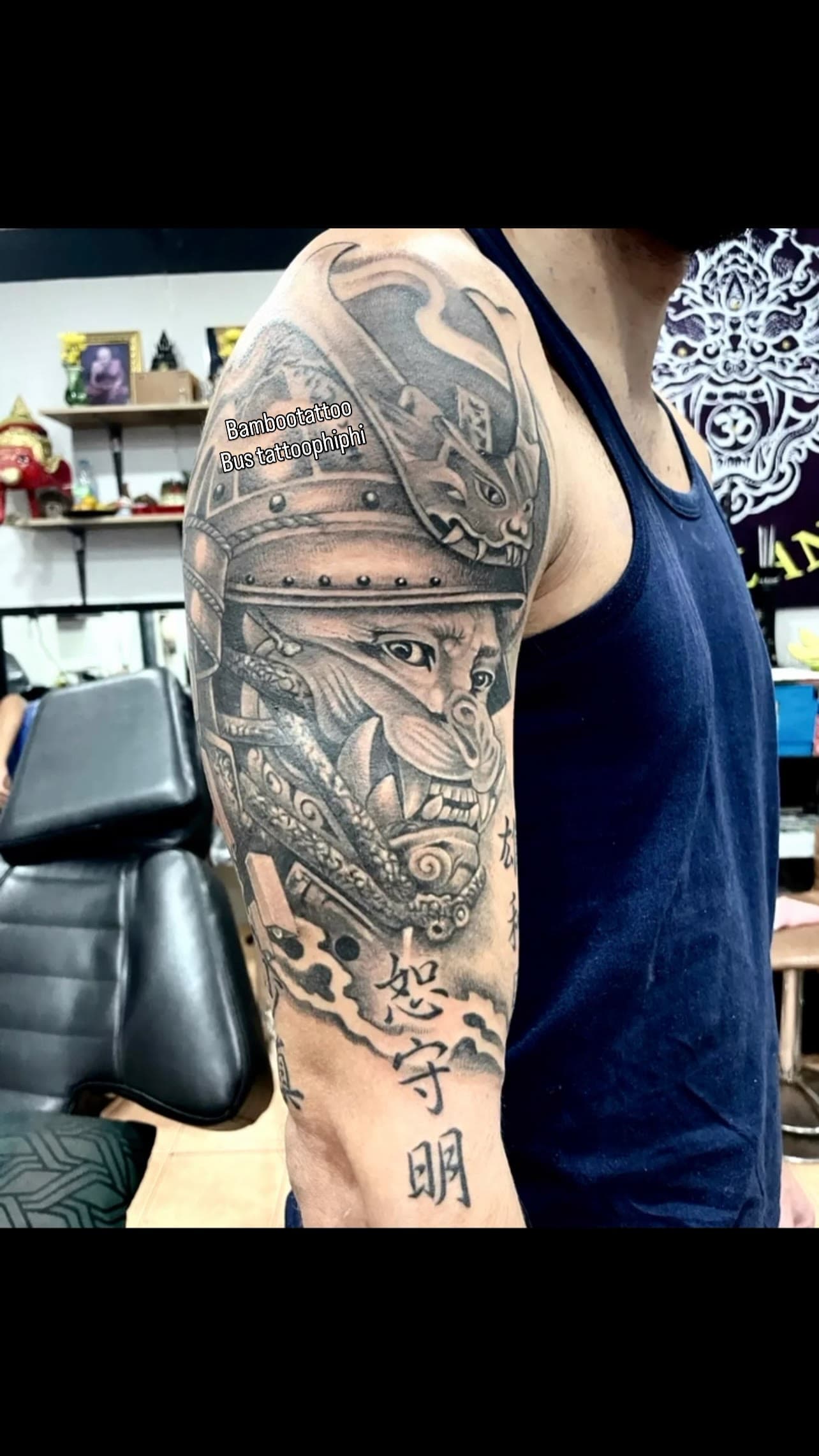 Samurai mask half sleeve tattoo
